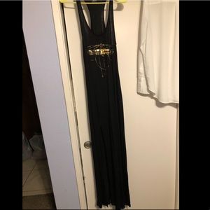 Black long tank top maxi dress with gold design